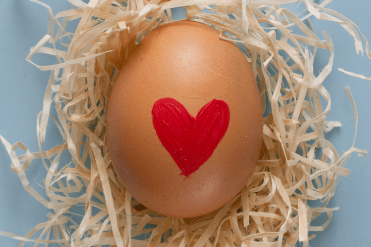 Bruin ei met rood hart in een nest van stro op lichtblauwe achtergrond; symbool voor waardering, klantgerichtheid en liefde op de werkvloer.