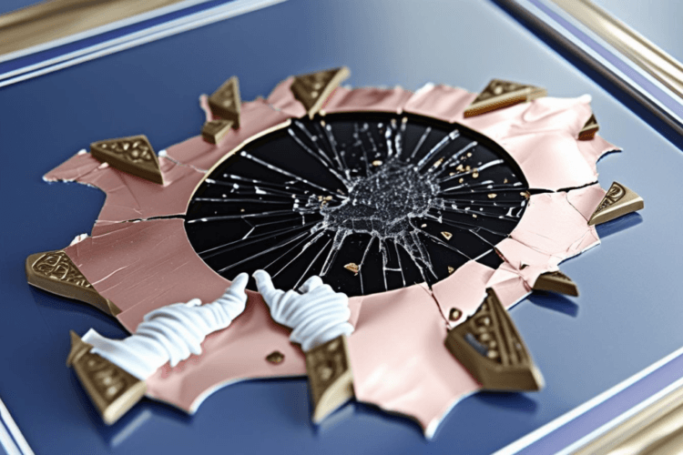 Gebarsten spiegel in een gouden lijst op blauwe ondergrond, met handschoenen bij de rand en een zwarte barst in het midden. Examen menselijke maat.