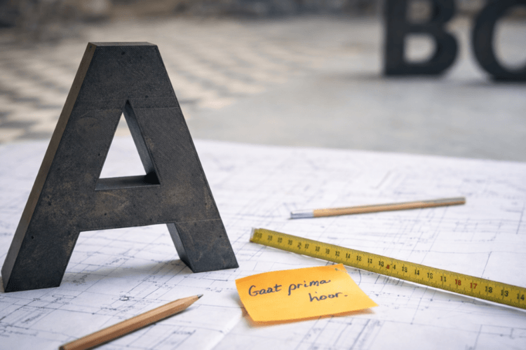Grote letter A (aandacht) op een blauwdruk met meetlint, potloden en post-it “Gaat prima hoor”; op achtergrond wazig B en C.