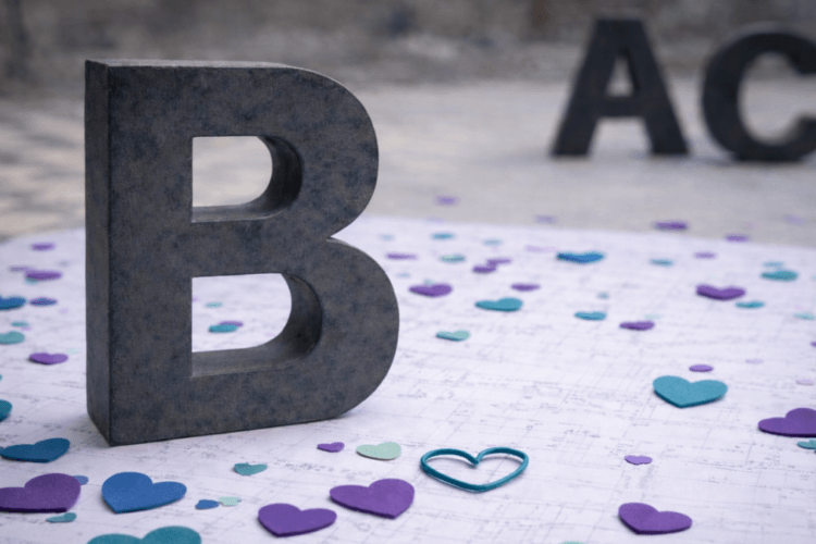 Grote letter B op een planblad met verspreide gekleurde hartjes - liefde; op de achtergrond onscherp de letters A en C.