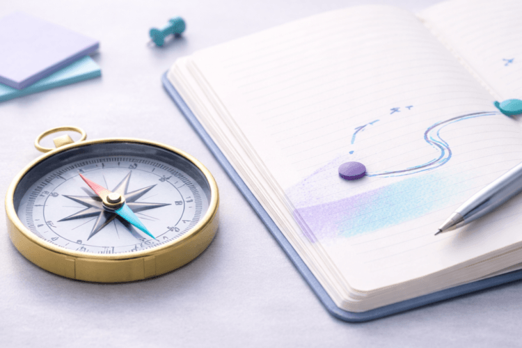 Kompas en route in notitieboek als beeld bij Loopbaanbegeleiding