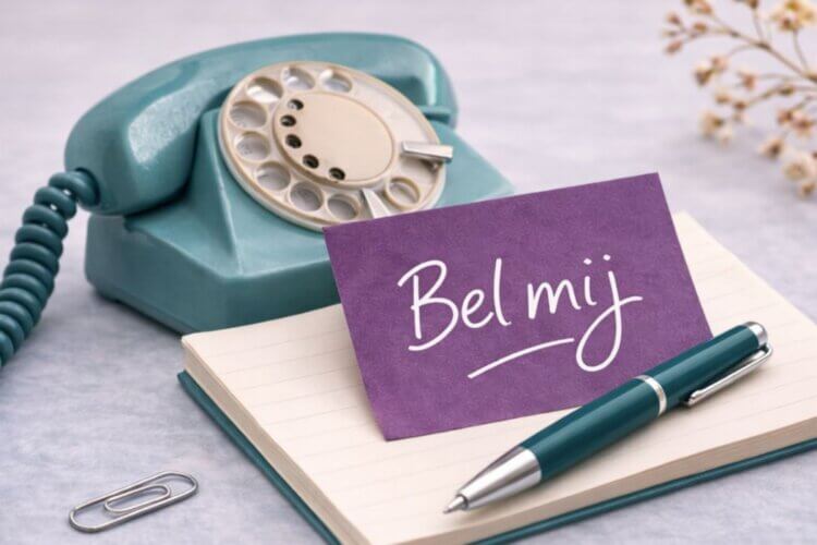 Retro telefoon met notitieboek en kaartje met de tekst Bel mij