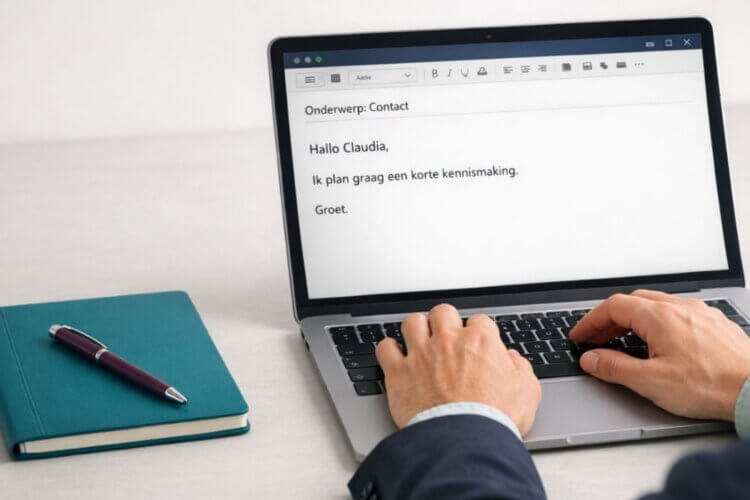 Laptop met e-mail voor Claudia en notitieboek op bureau, beeld voor een korte kennismaking
