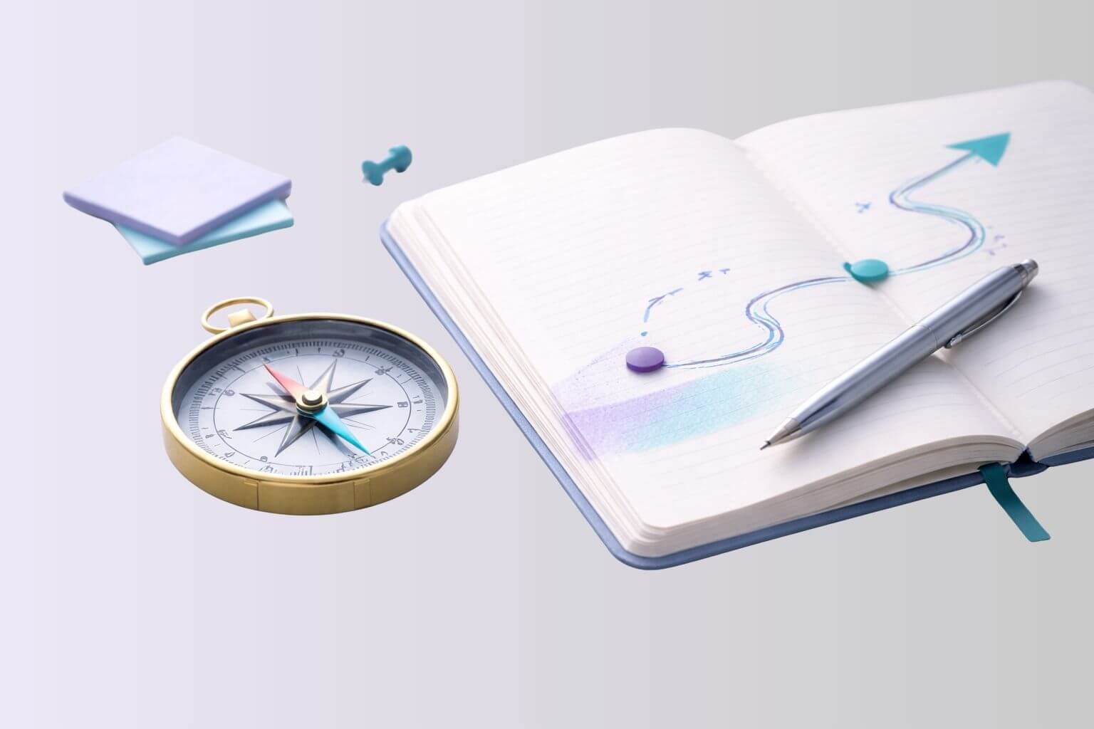 Modern kompas op lichtgrijze tafel met notitieboek en pen, symbool voor richting kiezen in loopbaanbegeleiding.
