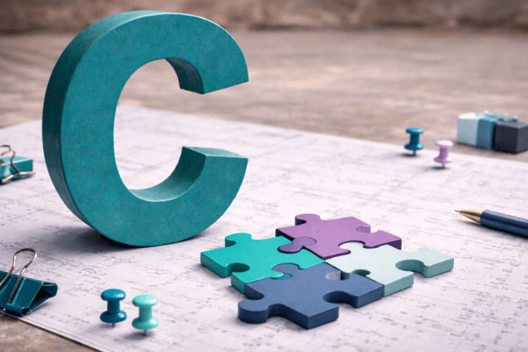 Grote letter C op een bouwtekening naast vier puzzelstukken en kantooraccessoires als symbool voor co-creatie en samenwerking
