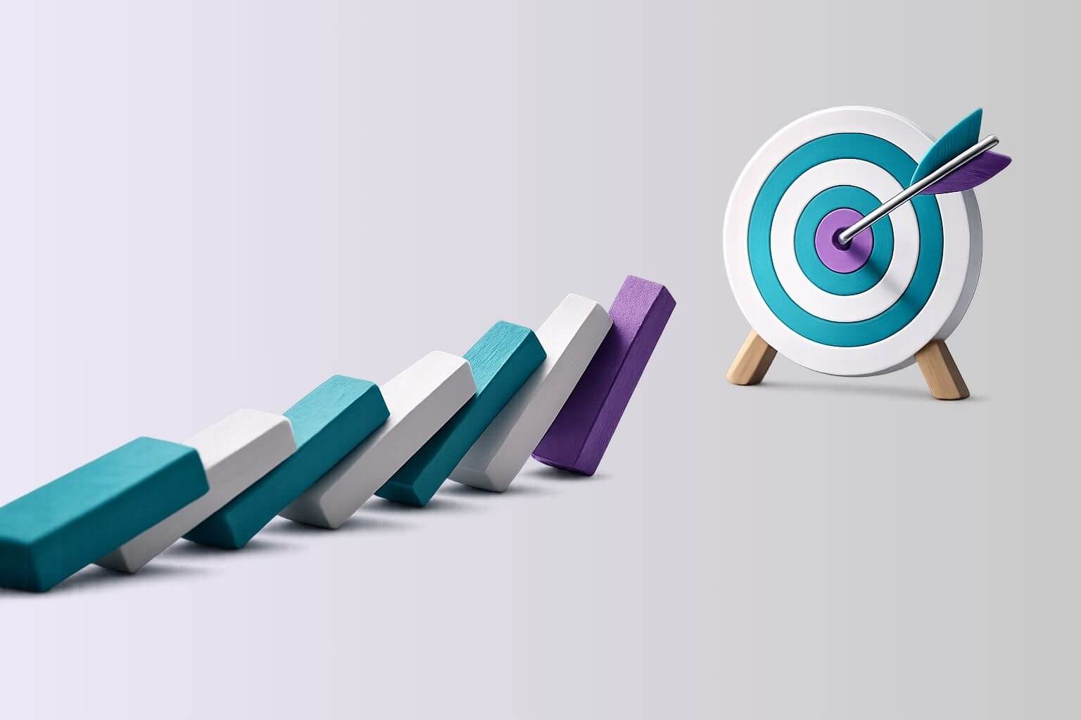 Domino’s in huisstijlkleuren leiden naar een doelwit met pijl in de roos, als symbool voor gerichte verandering en beweging bij verandertrajecten.