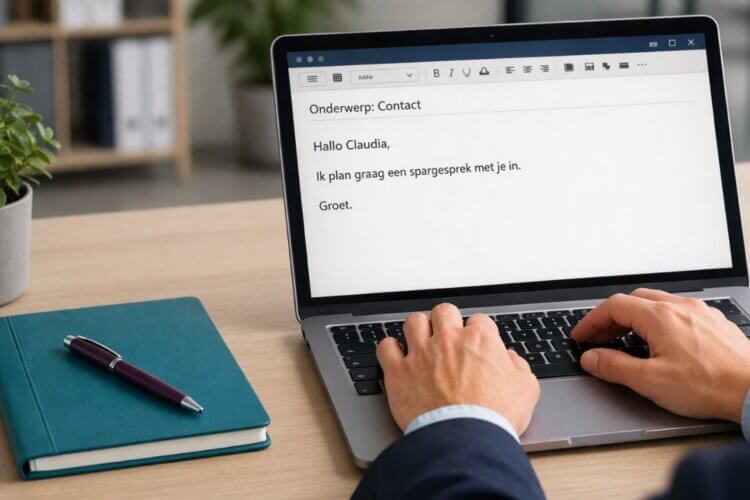 man in pak typt e-mail met onderwerp contact en spargesprek aan Claudia Bouwens over groeiprogramma zzp