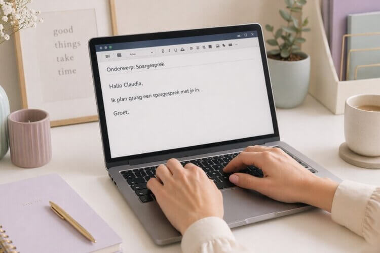 vrouw typt e-mail met onderwerp spargesprek aan Claudia Bouwens over loopbaanbegeleiding