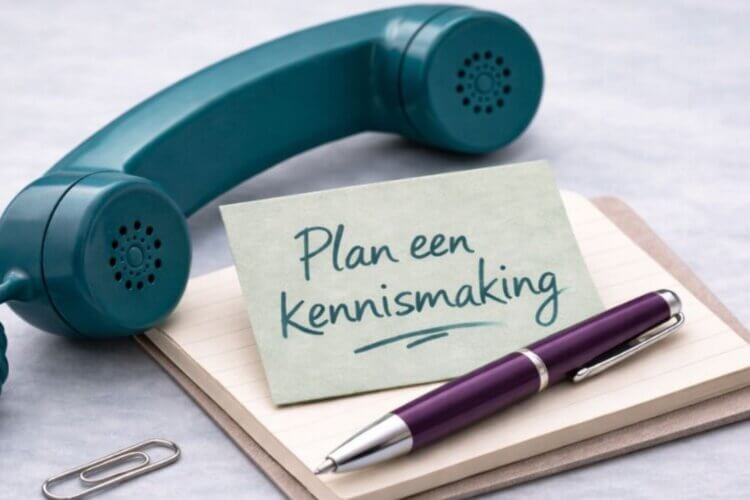 teal telefoonhoorn met kaartje plan een kennismaking als uitnodiging voor een gesprek over de ABC-methodiek