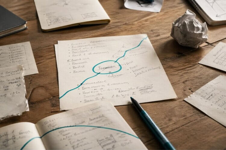 Houten tafel met verfrommeld papier, losse notities, een mindmap en een teal-kleurige pen als symbool voor een idee dat nog vorm moet krijgen en anders fantasie blijft