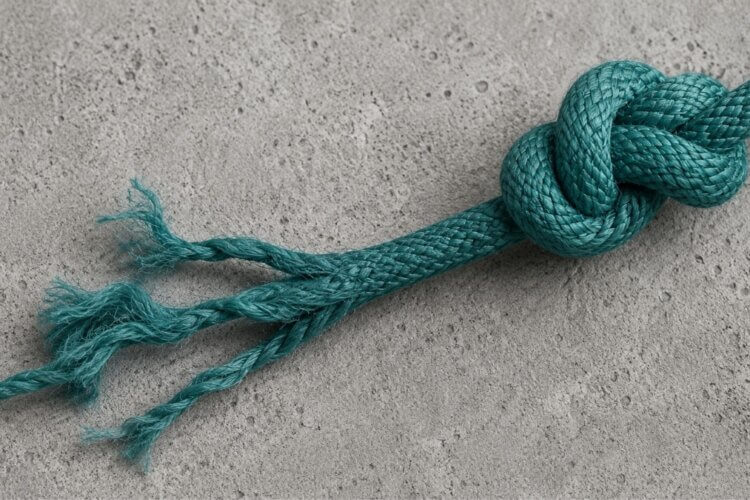 Teal touw met een stevige knoop en gerafelde strengen op een grijze ondergrond. Los het op of laat het los.